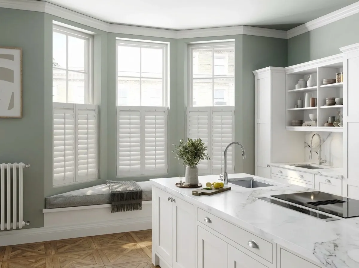 Castile shutters fitted to a bay window in a Norfolk kitchen